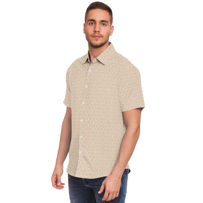 Beige Geometric Star Flower Print Men's Short Sleeve Button Down Shirt - kayzers