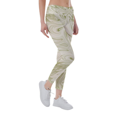 Ivory Green Abstract Liquid Print Women's Yoga Leggings, Marble Print Liquid Yoga Pants