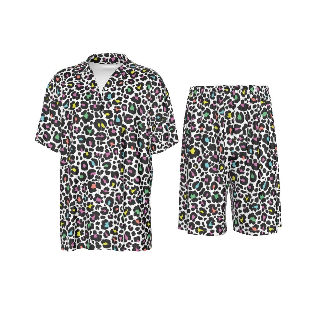 Colorful Leopard Animal Print Men's Imitation Silk Shirt & Short Matching 2 pc Set - kayzers