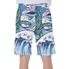 Tropical Weed Leaf Surfing Waves Kanji Print Men's Beach Shorts - kayzers