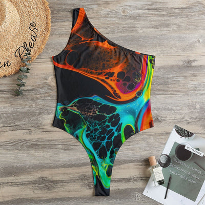 Abstract Ocean Waves Tropical Print Women's One-Shoulder Bodysuit - kayzers