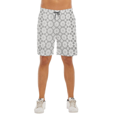 White Floral Geometric Print Men's Beach Shorts With Elastic Waist - kayzers