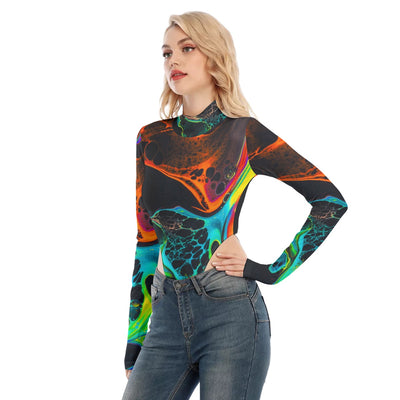 Sexy Abstract Cells Colorful Print Women's Turtleneck Long Sleeve Jumpsuits - kayzers