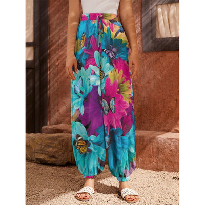 Floral Butterfly Colorful Print Women's Carrot Pants - kayzers