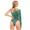 Sexy Green Galaxy Alien Print Women's Long-sleeved Waist-cut Bodysuit With One-sleeve - kayzers