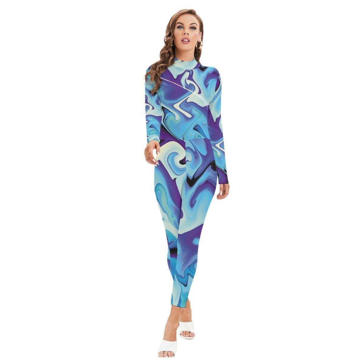 Abstract Blue Psychedelic Print Women's Long-sleeved High-neck Jumpsuit Playsuit Zipper - kayzers