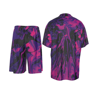 Abstract Liquid Print Men's Imitation Silk Shirt & Shorts Matching 2 pc Set - kayzers