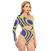 Sexy Carnival Print Women's Long-sleeved Waist-cut Bodysuit With One-sleeve - kayzers