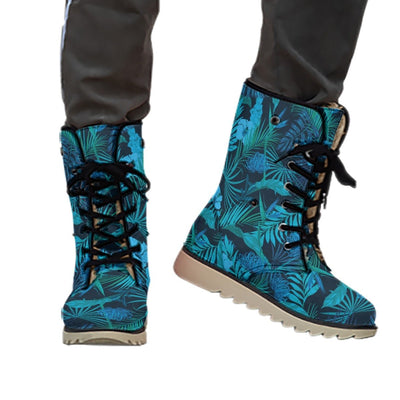 Blue Neon Tropical Palm Tree Print Women's Plush Boots - kayzers