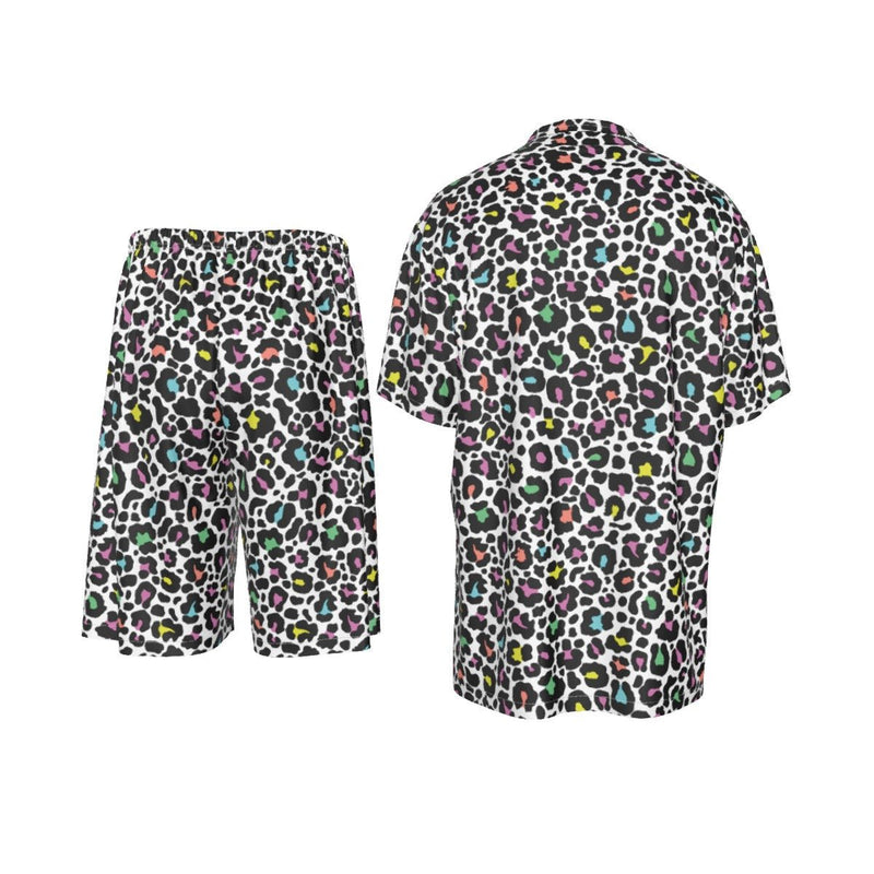 Colorful Leopard Animal Print Men's Imitation Silk Shirt & Short Matching 2 pc Set - kayzers