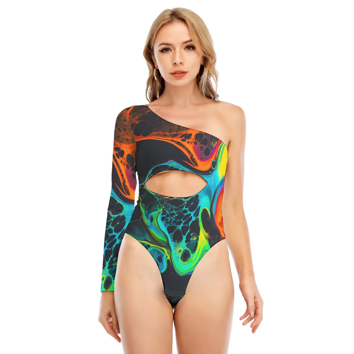 Sexy Abstract Print Women's Long-sleeved Waist-cut Bodysuit With One-sleeve - kayzers