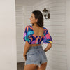 Colorful Floral Summer Print Women's Square Collar Cropped Top With Puff Sleeve - kayzers