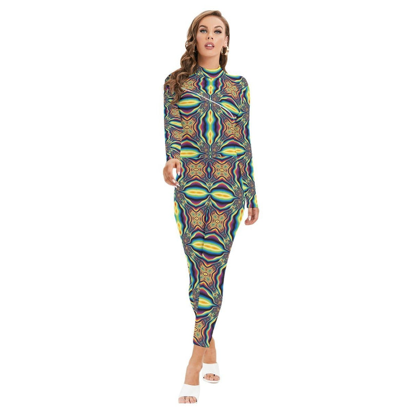Psychedelic Art DMT Trippy Festival Print Women's Long-sleeved High-neck Playsuit With Zipper - kayzers