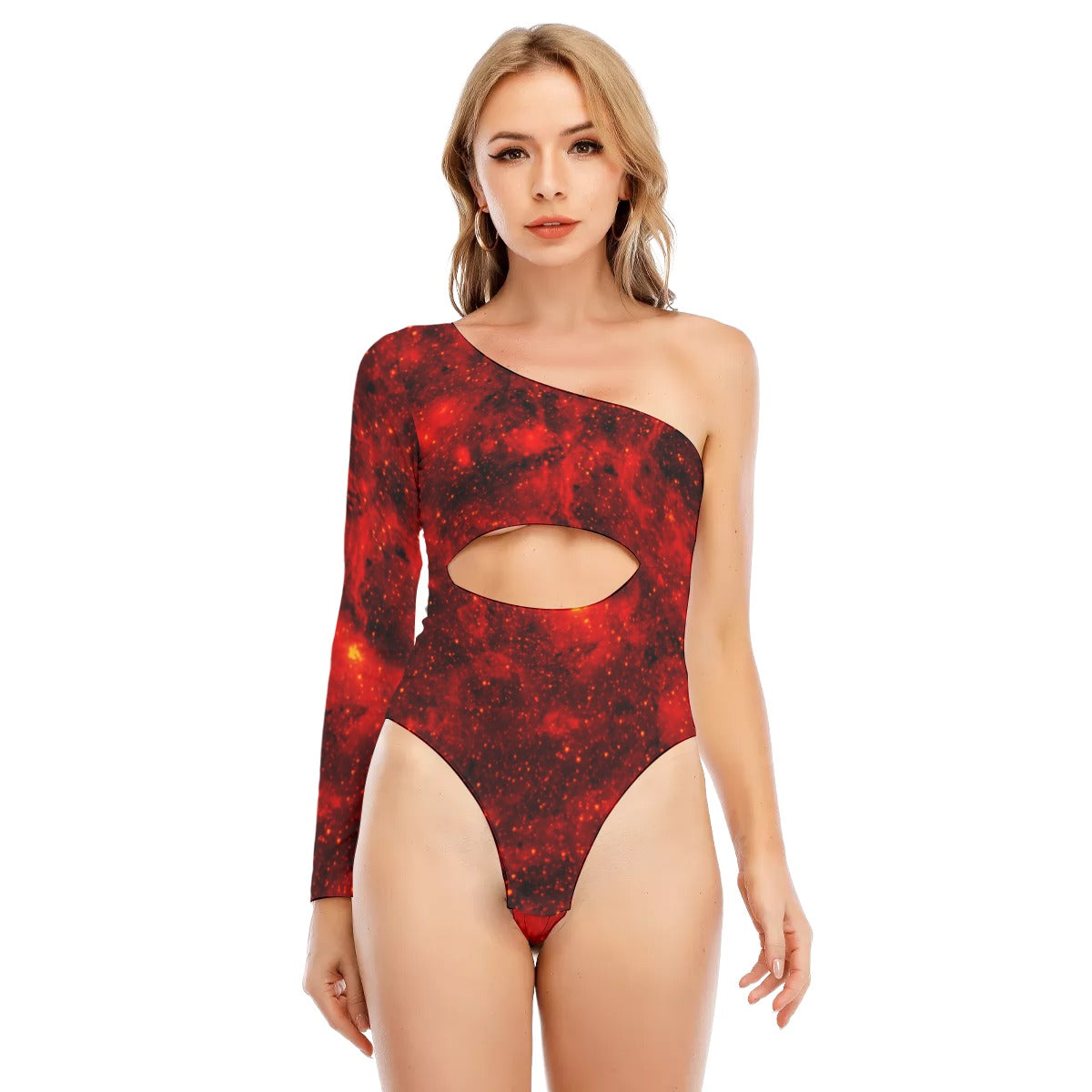Sexy Red Galaxy Print Women's Long-sleeved Waist-cut Bodysuit With One-sleeve - kayzers