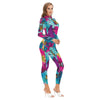 Floral Butterfly Colorful Print Women's Long-sleeved High-neck Jumpsuit Playsuit With Zipper - kayzers