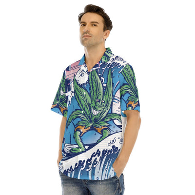 Weed Leaf Waves Kanji Beach Print Men's Hawaiian Shirt With Button Closure - kayzers