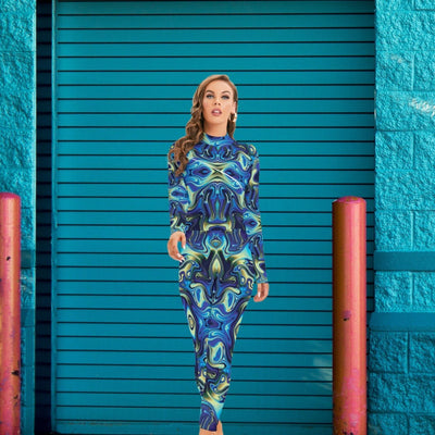 Blue Psychedelic Alien Liquid DMT Art Print Women's Long-sleeved High-neck Playsuit With Zipper - kayzers