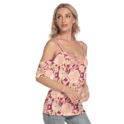 Floral Print Women's Cold Shoulder T-shirt With Criss Cross Strips - kayzers