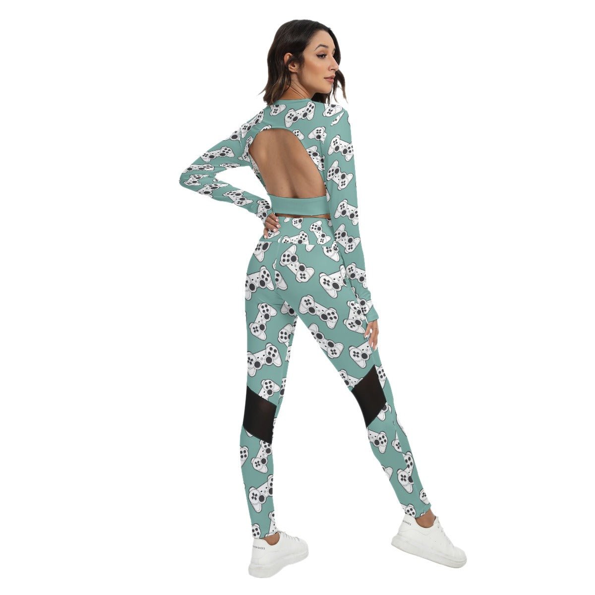 Gamer Girl Print Women's Sport Set With Backless Top And Leggings, 2 Pc Matching Set - kayzers