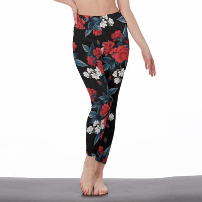 Red Roses Floral Print Women's High Waist Leggings | Side Stitch Closure - kayzers