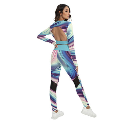 Abstract Geometric Print Women's Sport Set With Backless Top And Leggings - kayzers