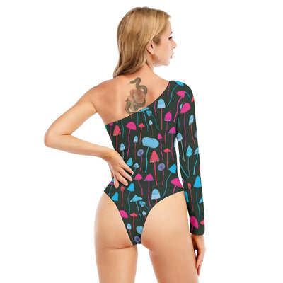 Magic Mushrooms Sexy Print Women's Long-sleeved Waist-cut Bodysuit With One-sleeve - kayzers