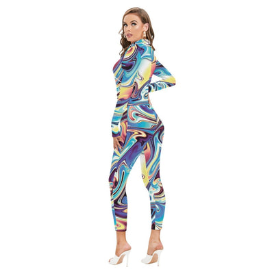 Abstract Liquid Psychedelic Print Women's Long-sleeved High-neck Jumpsuit Playsuit With Zipper - kayzers