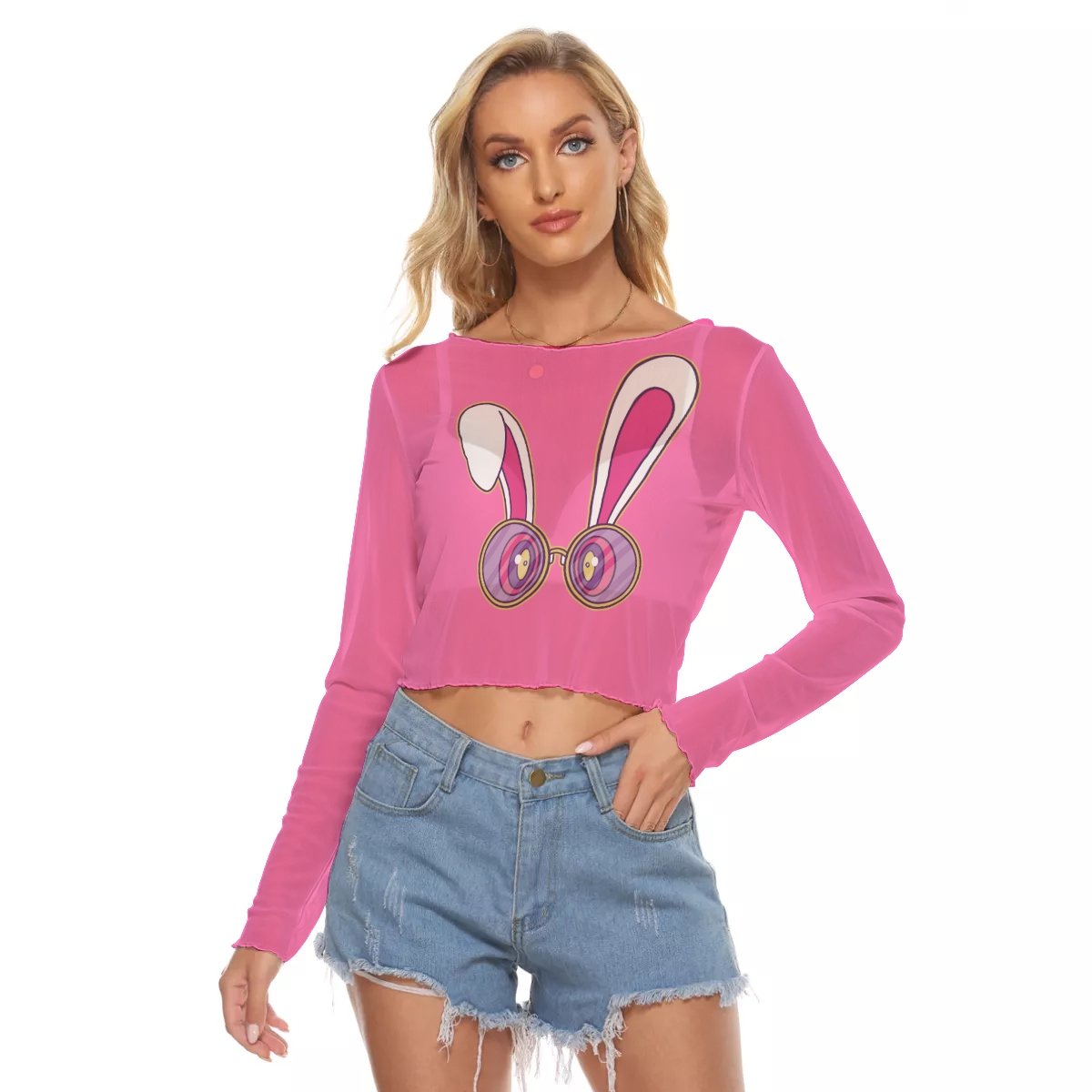 Trippy Bunny Women's Mesh Long Sleeves T-shirt, Trippy Rabbit Mesh Top