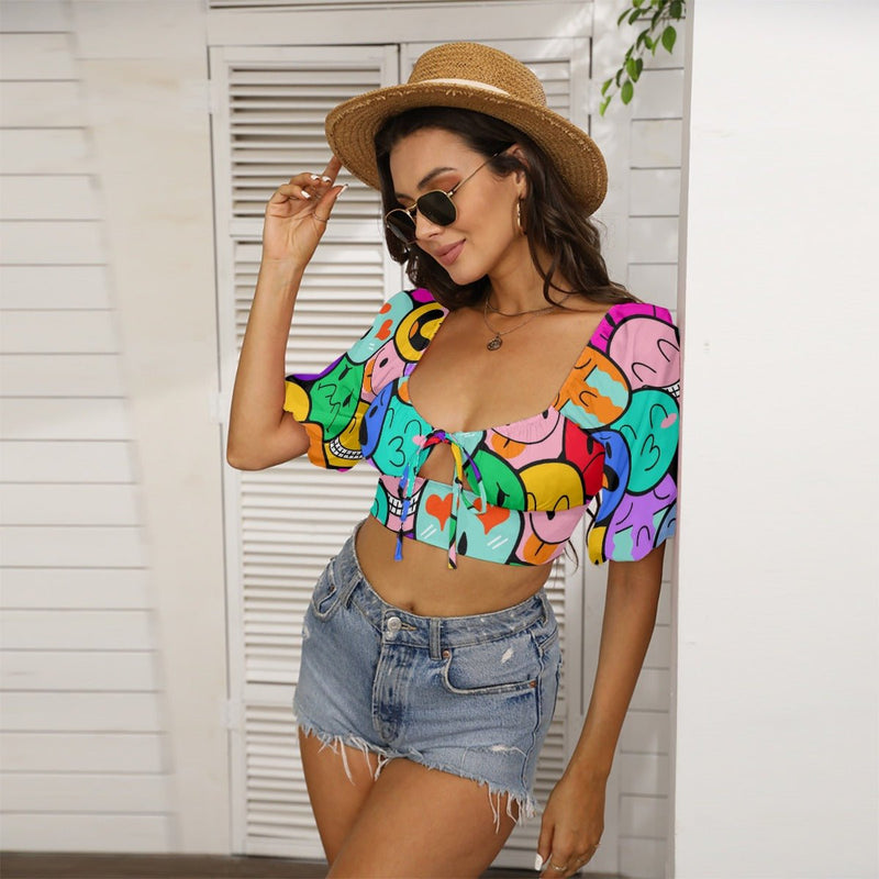 Colorful Emojis Summer Print Women's Square Collar Cropped Top With Puff Sleeve - kayzers