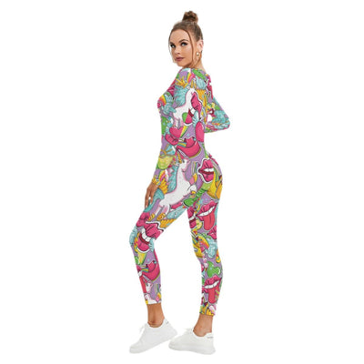 Unicorn Pop Art Print Women's Plunging Neck Pajama Jumpsuit - kayzers