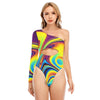 Sexy Psychedelic Colorful Vibrant Print Women's Long-sleeved Waist-cut Bodysuit With One-sleeve - kayzers