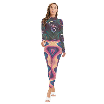 Sexy Serpent Dimensions Print Women's Long-sleeved High-neck Jumpsuit Bodysuit Playsuit With Zipper - kayzers