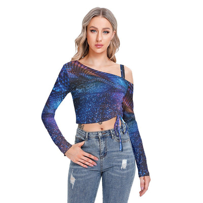 Casual Party Glitter Galaxy Techno Print Women's One-shoulder Blouse With Drawstring - kayzers