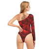 Sexy Red Galaxy Print Women's Long-sleeved Waist-cut Bodysuit With One-sleeve - kayzers