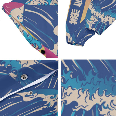 Vapowave Japanese Kanji Kanagawa Waves Print Men's Basketballs Snap Button Sweatpants - kayzers
