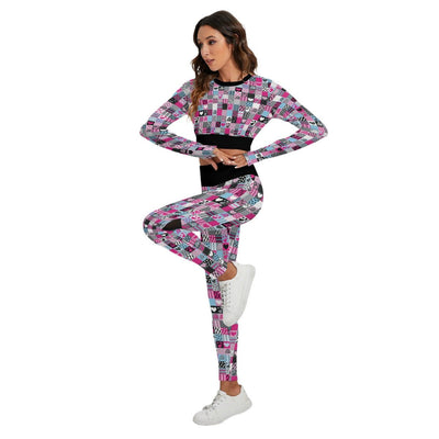 Heart Squares Print Women's Sport Set With Backless Top And Leggings, 2 Pc Matching Set - kayzers