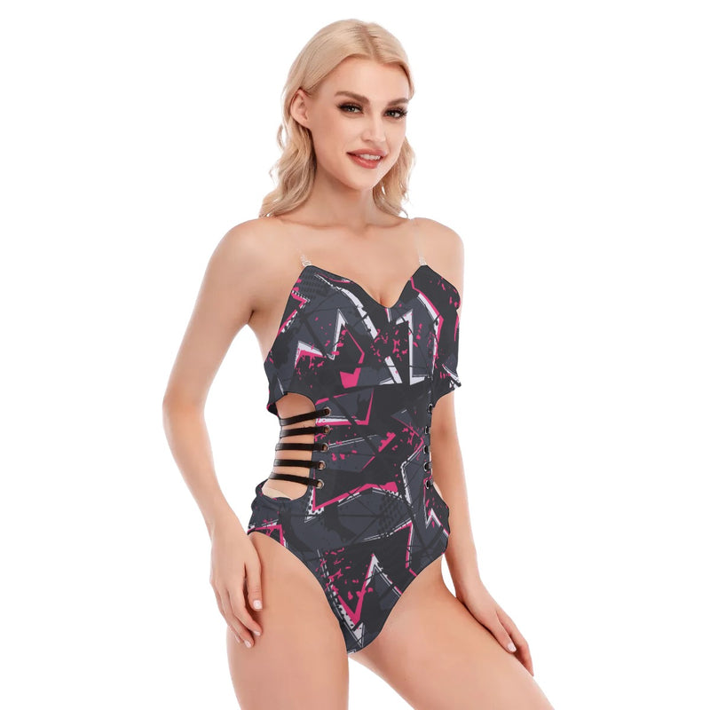 Abstract Geometric Sexy Print Women's Tube Top Bodysuit With Side Black Straps - kayzers
