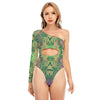 Sexy Psychedelic Alien Trippy Print Women's Long-sleeved Waist-cut Bodysuit With One-sleeve - kayzers