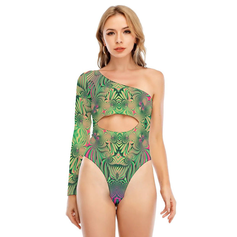 Sexy Psychedelic Alien Trippy Print Women's Long-sleeved Waist-cut Bodysuit With One-sleeve - kayzers