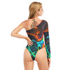 Sexy Abstract Print Women's Long-sleeved Waist-cut Bodysuit With One-sleeve - kayzers