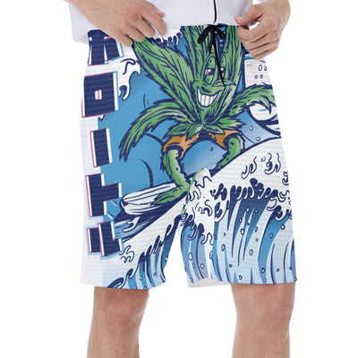 Tropical Weed Leaf Surfing Waves Kanji Print Men's Beach Shorts - kayzers