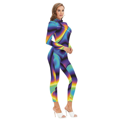 Abstract Psychedelic Print Women's Long-sleeved High-neck Jumpsuit Bodysuit Playsuit With Zipper - kayzers