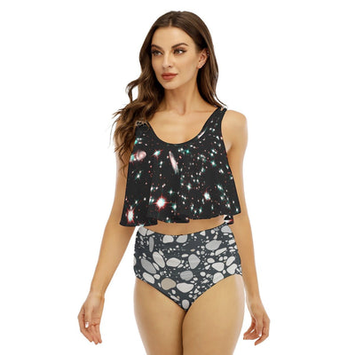 Galaxy Terrazzo Print Women's Ruffled Vest Bikini Swimsuit - kayzers