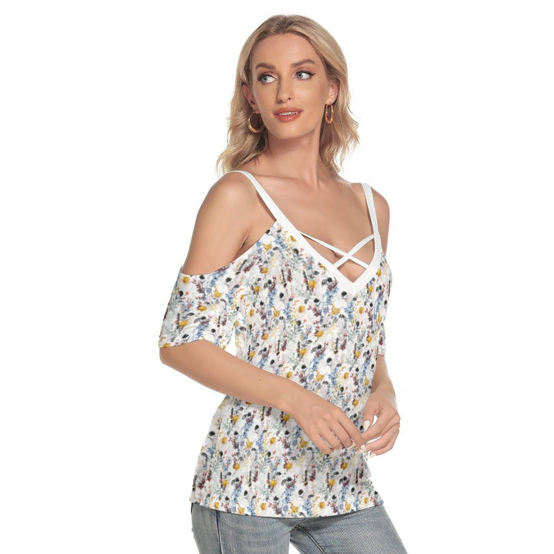 Floral Top Print Women's Cold Shoulder T-shirt With Criss Cross Strips - kayzers