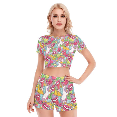Pop Art Unicorn Cupcakes Print Women's Short Sleeve Matching Cropped Top Shorts Suit