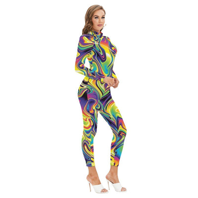 Liquid Psychedelic Rave Festival Print Women's Long-sleeved High-neck Playsuit Jumpsuit With Zipper - kayzers
