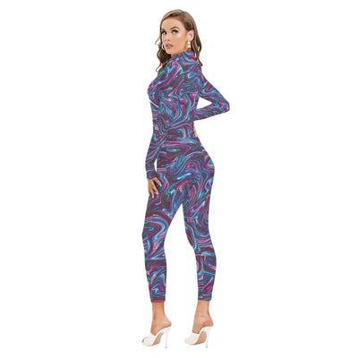 Abstract Liquid Plasma Magma Print Women's Long-sleeved High-neck Catsuit With Zipper - kayzers