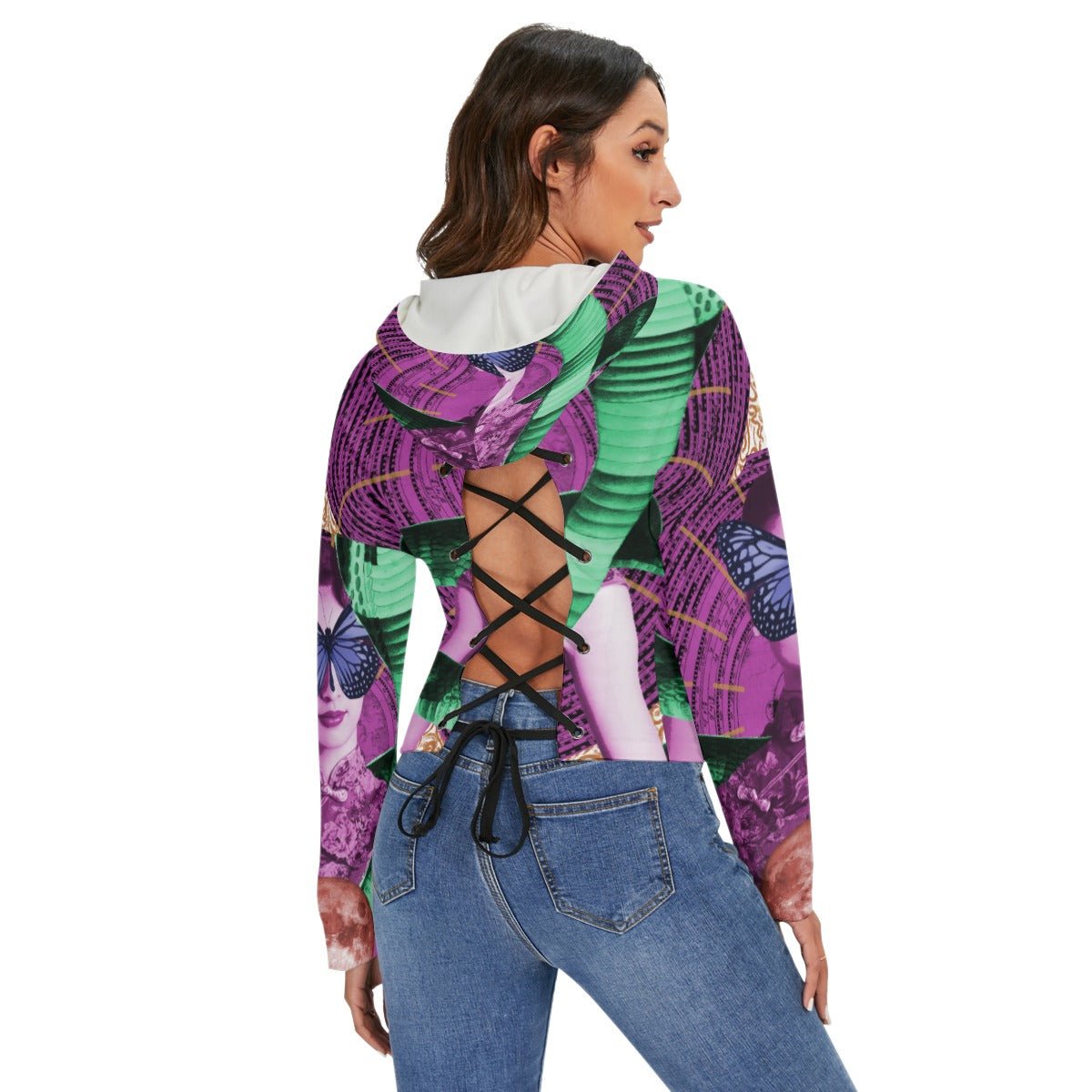 Psychedelic Lady Print Women's Drop-shoulder Backless Hoodie With String - kayzers