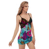 Floral Butterfly Colorful Print Women's Back Straps Cami Dress With Lace - kayzers