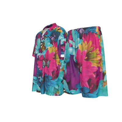 Tropical Colorful Floral Butterflies Print Men's Imitation Silk Shirt Matching 2 pc Suit - kayzers